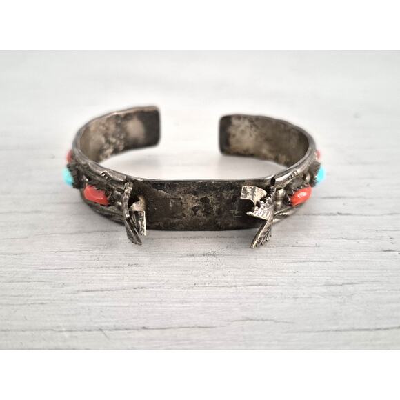 Vintage Wayne Cheama Zuni Sterling Silver Turquoise and Coral Watch Cuff